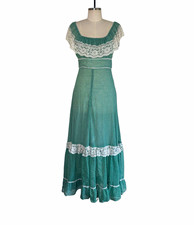 Gunne Sax Vintage 1970s Prairie Green Lace Trim Maxi Dress Size 11 picture