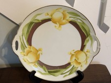 Antique Cake plate Yellow Roses 10’ handles signed P. T. Tirschenreuth Bavaria picture