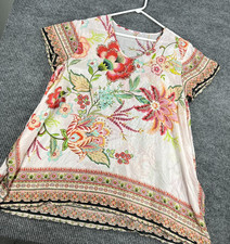 Johnny Was Top Blouse Womens Size Large White Floral Short Sleeve Lightweight picture