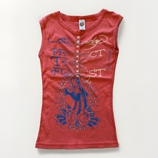 Vntg Y2K Ed Hardy Ribbed Henley Tank Pink Protect The Forest Made USA Slim Sz L picture