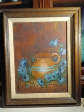 VTG Oil on Canvas mid century still life Pottery w/ Blue Floral Framed Signed picture