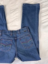 Vintage 1970s Wrangler Bootcut Denim Jeans Rainbow Embroidered Pocket high Rise picture