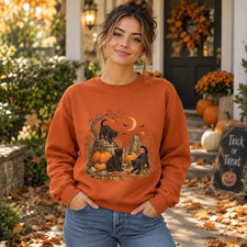 Halloween Black Cats Sweatshirt, Autumn Pumpkin Graphic Fall Crewneck picture