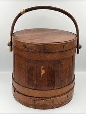 Antique Primitive Wooden 10 Inch Firkin Sugar Bucket with Swing Handle and Lid picture