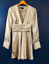Zara Beige Solid Satin Pleated Button V-Neck Long Sleeve Mini Dress, Women's XS picture