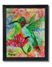 Guajardo Art Original 14x11 Neo Expressionist Hummingbird Red Flower Canvas picture
