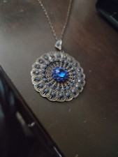 Vintage Silver-Tone Filigree Mandala Necklace with Blue Rhinestones picture