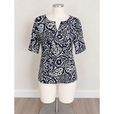 Talbots Tee Navy White Paisley Floral Cotton Stretch Top Size Small picture