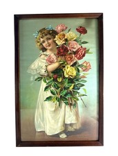 Antique “Aren’t They Pretty?” La Jolie Rosiere Girl Roses Print Framed 14x21 picture