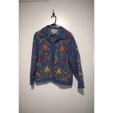Vintage Tantrums Floral Embroidered Denim Jacket Blue Cotton Womens Large picture