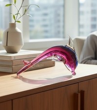 Murano Style Sommerso Art Glass Dolphin Pink Blue Clear Sculpture 8.5” picture
