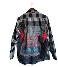 Upcycled flannel Kiss Rock Band  Patchwork Adult Medium Gray/black Vintage  picture
