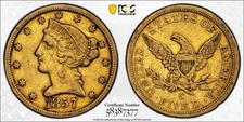 1857-C Liberty Gold Half Eagle $5 PCGS VF Details. Rare Charlotte Mint. Scratch picture