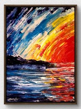 Original 12x16 Hand Painted Ocean Sunset Abstract Canvas Signed Wall Art B31 picture
