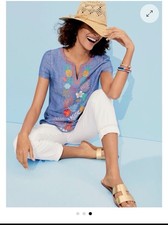 Talbots Light Blue Linen-Blend Tunic with Multicolor Tropical Embroidery classic picture