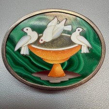 VTG Silver Pietra Dura Plinys Doves Malachite Pendant Brooch Mosaic RARE picture