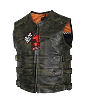 Motorcycle Leather Brown Collarless Tactical Vest with Mesh Lining picture