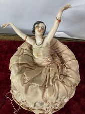 Vintage French Art Deco Arms-away flapper half-doll on a silk-skirted box base picture