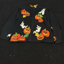 Vintage Heirloom Collectibles Halloween Cardigan Sweater Zip Up Knit Pumpkins L picture
