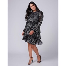 NWT Lane Bryant Tiered Mini Dress 18/20 Black Silver Metallic Floral Ruffle picture