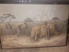 MONUMENTAL EARLY 20TH CENTURY AFRICAN HUNTING SCENE OIL PAINTING picture