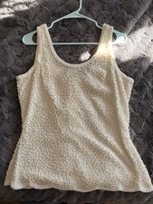 Laurence Kazar Women’s Beaded White Silk Blouse Sleeveless Scallop Hem Size L picture