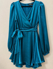 Zara Blue Satin Wrap Dress V-Neck Long Puff Sleeve Tie Waist Short S picture