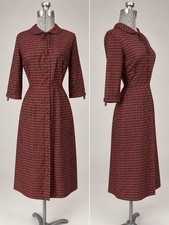 Vintage 50s Red & Black Cotton Checkered Plaid Fitted Dress Sz Xs picture