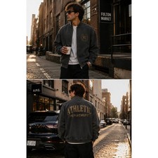 D95 Athletic Department Vintage Wash Bomber Zip Up Sweatshirt Grey XL Grey XL picture