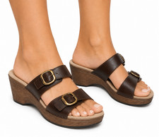 Dansko Women Wedge Sandals sz 9.5 (41) Sophie Brown Buckle Straps Wood Grain picture