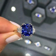 3.0Ct Cushion Cut Lab-Created Sapphire Three-Stone 925 Silver Engagement Ring picture
