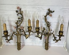 Antique Pair Gilt Metal Porcelain Floral Wall Sconces Ornate Estate Piece picture