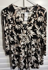 New Lane Bryant Plus Size 1X  14/16 Black White Tan Floral Silky 3/4 Sleeve Top picture