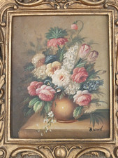 Vintage Floral Oil Painting in Ornate Gold Baroque Frame Signed B. Ward picture