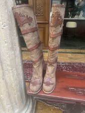 Vintage Anna Sui Gorgeous Brown Canvas/ Leather Platform Heeled Boots picture