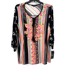 New Calessa Boho Floral Embroidered Stripe Tunic Shirt Size Small Black Pink picture