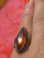 Vintage Signed GK 925 Sterling Silver Baltic Cognac Amber Marquise Ring picture