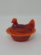 Vtg Mosser Mini Hen on Nest Orange Slag Glass Salt Cellar 3