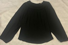 LOFT Women’s Black Solid Woven Round Neck Long Sleeve Pullover Pleated Blouse picture