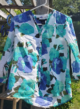 Preswick & Moore Blue & Turquoise Floral Cotton Tab Sleeve Tunic Top Size PS picture