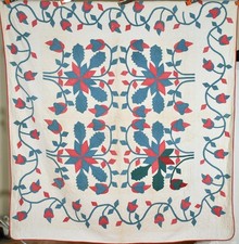 GORGEOUS Vintage 1860's Red & Green Applique / Stars Four Block Antique Quilt picture