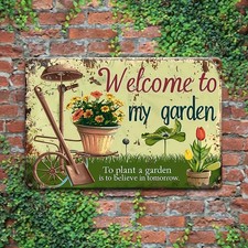 Vintage Welcome to My Garden Metal Tin Sign Rustic Floral Garden Decor Wall Art picture