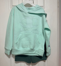 Champion Boy’s Size 6 2pc Fleece Hoodie & Shorts Set Solid Mint Green Logo picture