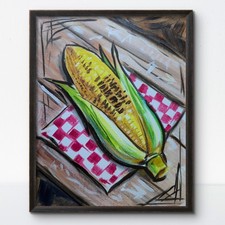KYMA Original Hand Painted Expressionist Cookout Corn Signed Acrylic Canvas Art picture