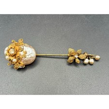 Vintage Miriam Haskell Signed Faux Pearl Rhinestone Floral Stick Pin picture