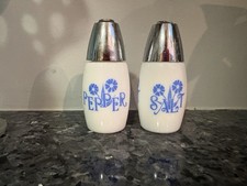 Vtg GEMCO Cornflower Blue Salt Pepper Shaker Set White Milk Glass Chrome Slanted picture