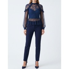 NWT Bardot Splice Lace Blouse Top US 6 Blue Crush Sheer Ruffle Peplum Mock Neck picture