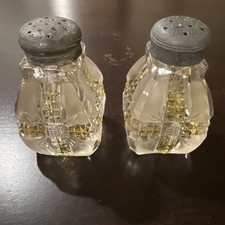 EAPG DALZELL GILMORE AMBERETTE CRYSTAL FROSTED Pair of Shakers WITH AMBER stain picture