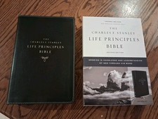 NASB Charles Stanley Life Principles Bible ~Retail $80 BLACK LEATHER SOFT 2nd Ed picture