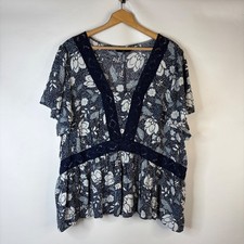 Lane Bryant Blouse Women 28 Blue Floral Lace Trim Boho Peplum Top picture